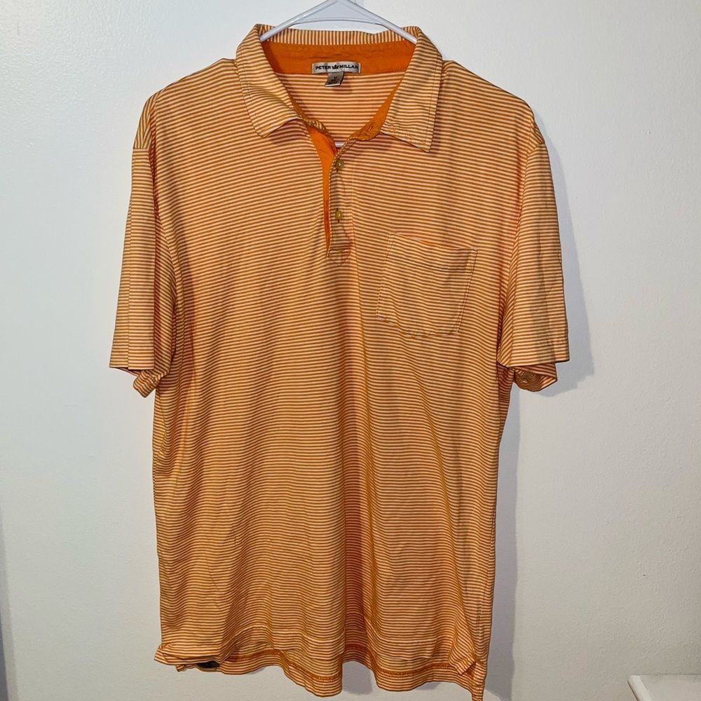Peter Millar Men's Short Sleeve Orange & White Striped Polo Shirt medium top
